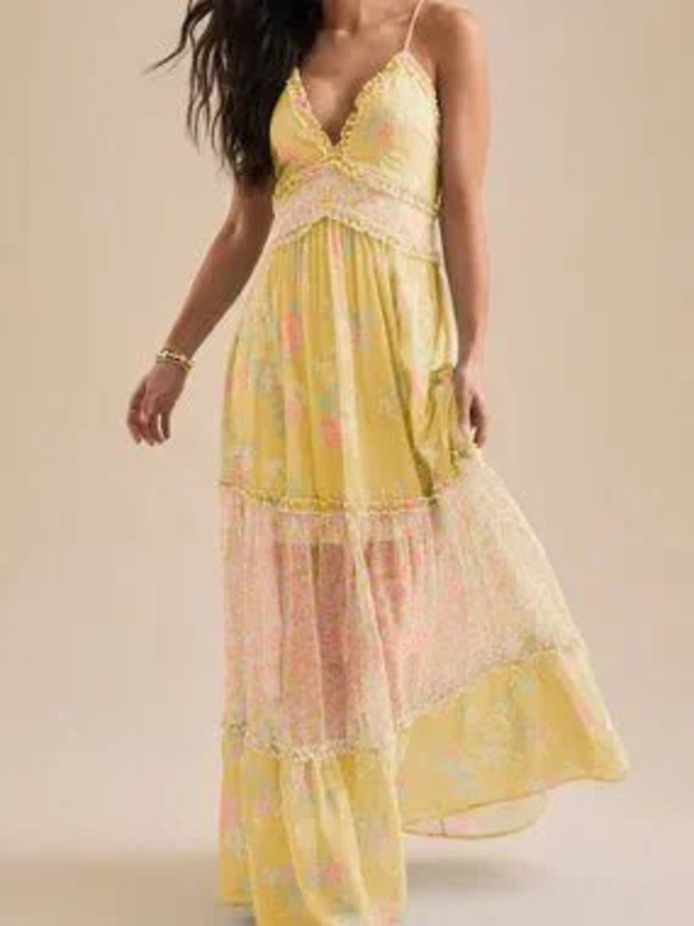 Light Yellow Boho Women's Floral Cami Sleeveless V-Neck Flowy A-Line Party Dress